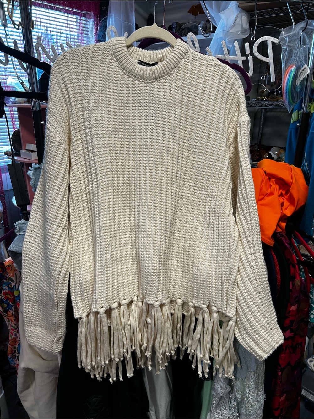Trendyol Cream Fringe Hem Crewneck Sweater